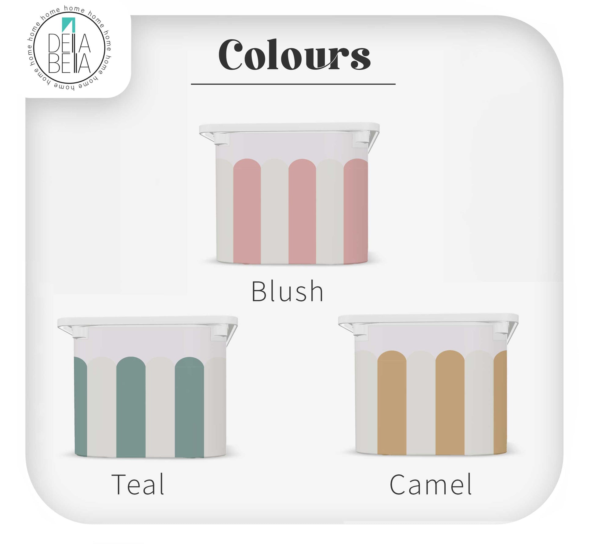 Three small containers with striped patterns labeled 'Blush', 'Teal', and 'Camel' on a white background.
