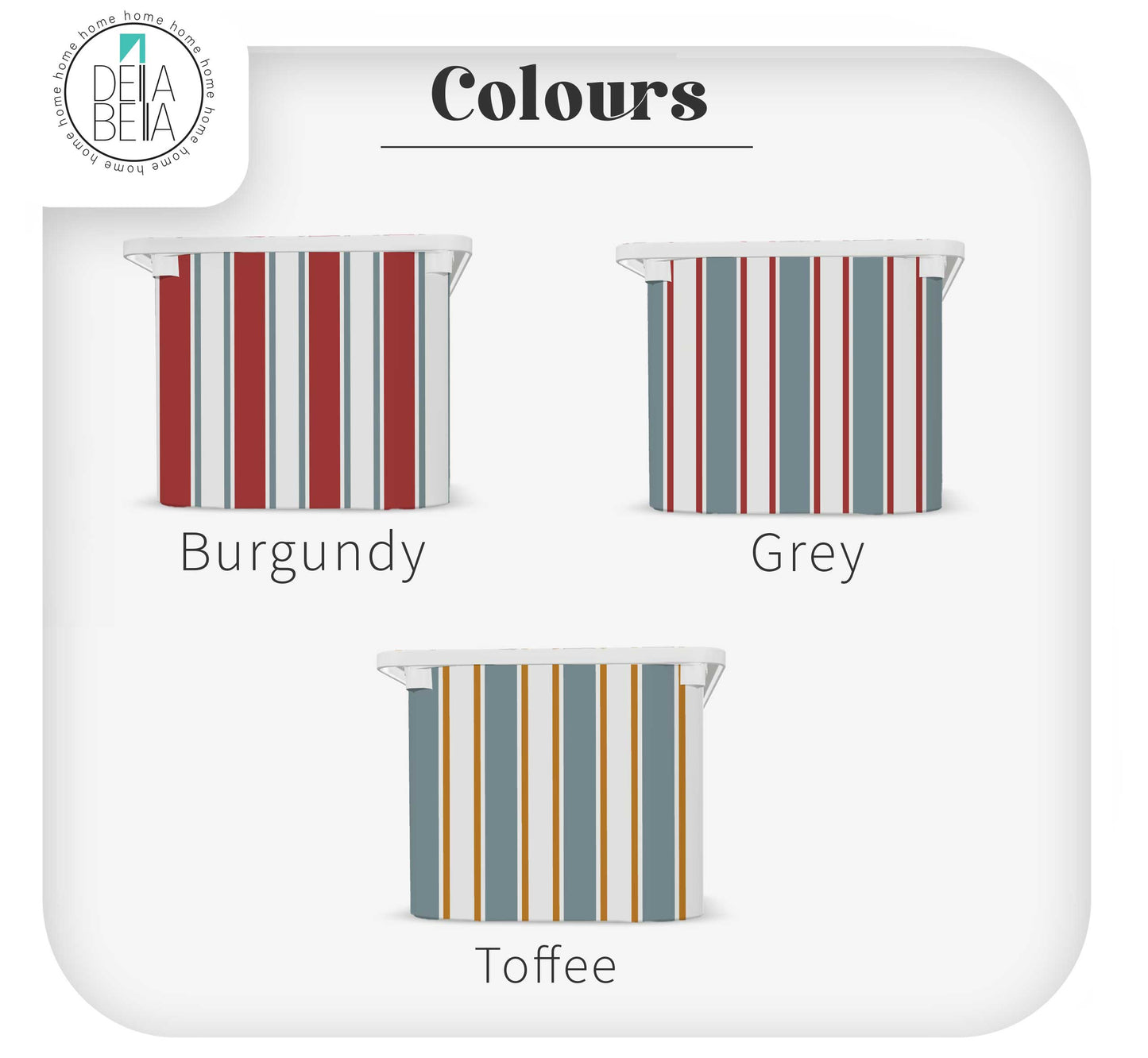 A color sticker for trofast options graphic for striped storage bins from De'Beija, showing three designs labeled Burgundy, Grey, and Toffee on a light gray rounded square background.