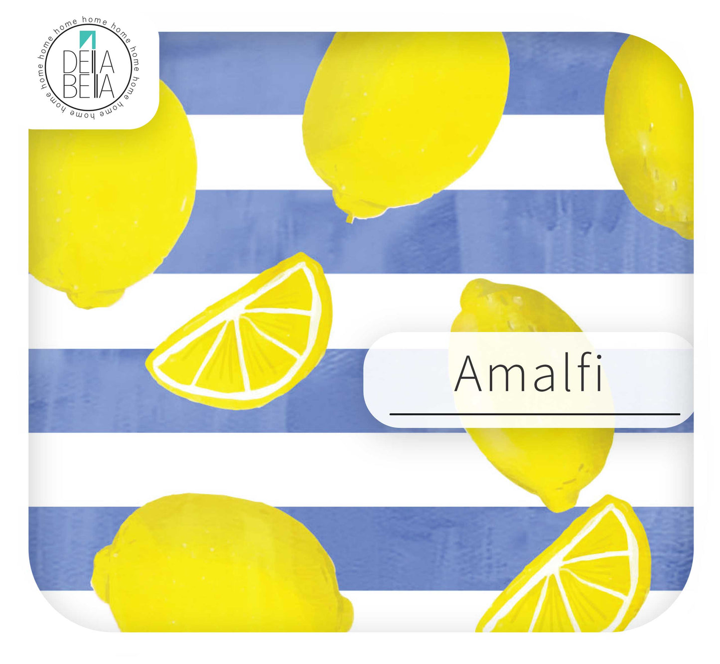 sticker lemon design and 'Amalfi' text on a blue and white striped background