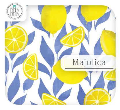 Product packaging with lemon pattern and 'Majolica' branding