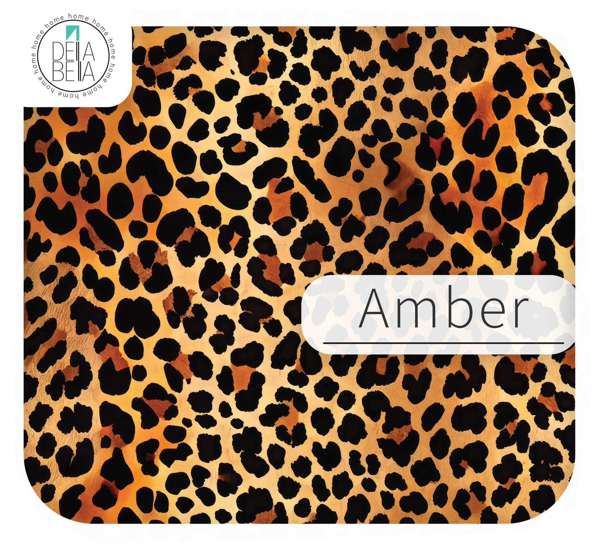 Close-up of Della Bella sticky back plastic in Amber leopard print. A warm orange, brown, and black animal print peel and stick vinyl wrap for furniture upcycling and maximalist decor.
