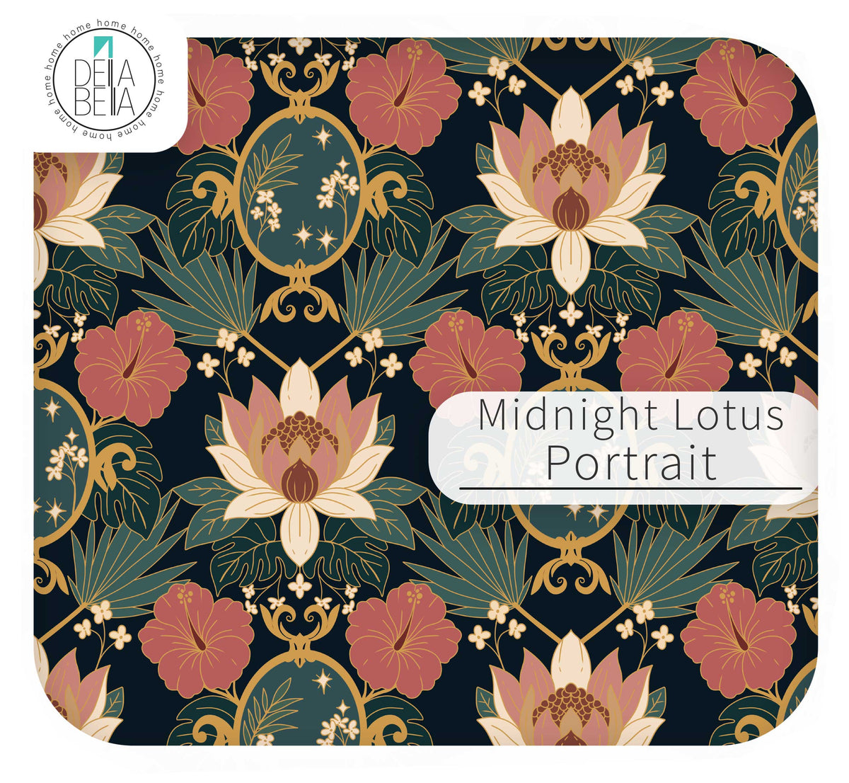Avinyl wrap design preview labeled 'Midnight Lotus Portrait' showing a repeating ornate floral pattern on a dark navy background. The design includes pink hibiscus flowers, cream and pink lotus blossoms, teal leaves, and gold decorative cartouches.