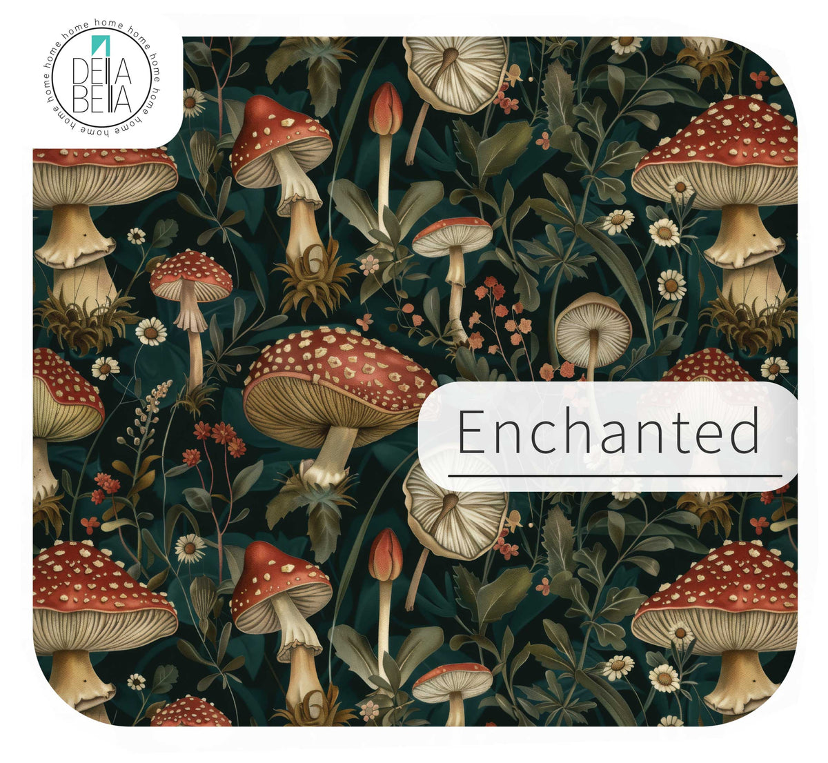Close up of the Enchanted mushroom pattern vinyl decal featuring classic red toadstools, delicate white daisies, and green foliage against a dark, moody background.