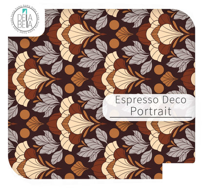 A repeating decorative vinyl wrap  pattern labeled 'Espresso Deco Portrait' in a white label, with a circular 'Debi Bella' logo in the top-left corner. The design features retro floral motifs in cream, tan, brown, and gray on a dark brown background.