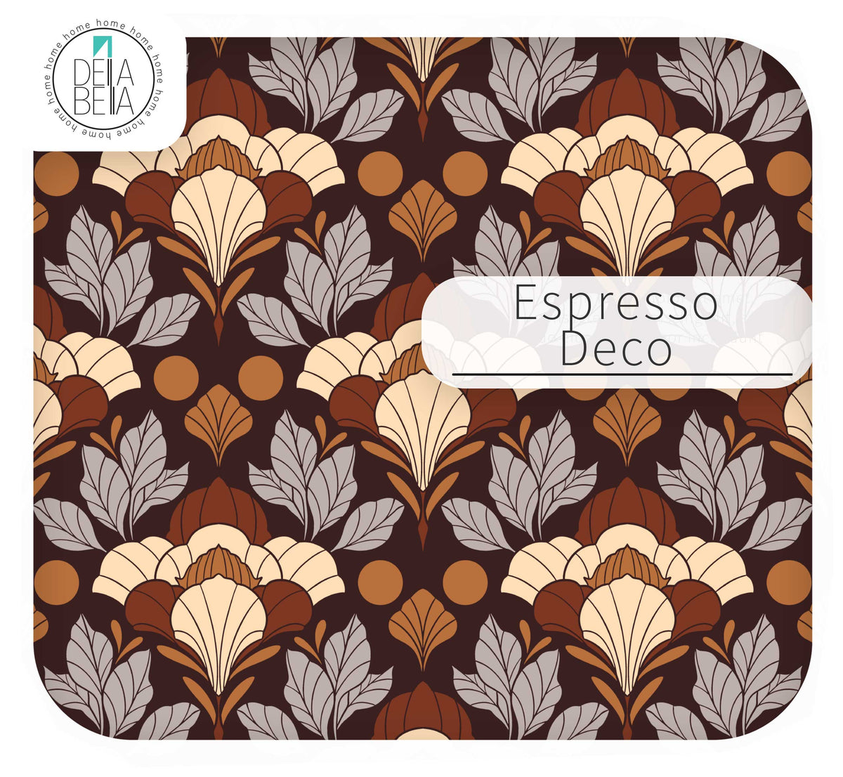 Close up of the Espresso Deco vinyl decal pattern featuring geometric Art Deco floral fan motifs in cream, tan, and rust on a rich brown background.
