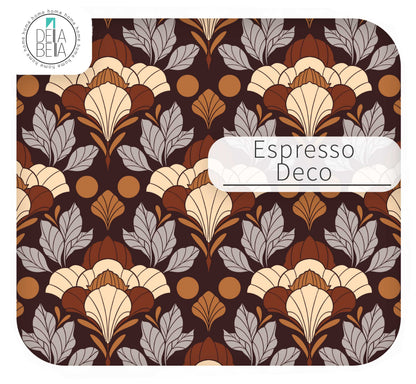 Close up of the Espresso Deco vinyl decal pattern featuring geometric Art Deco floral fan motifs in cream, tan, and rust on a rich brown background.
