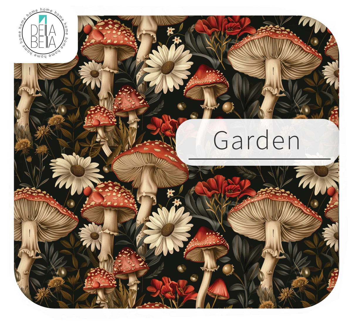 Close up of the Garden mushroom pattern vinyl wrap showcasing red toadstools, large white daisies, bold red flowers, and botanical leaves on a dark aesthetic background.