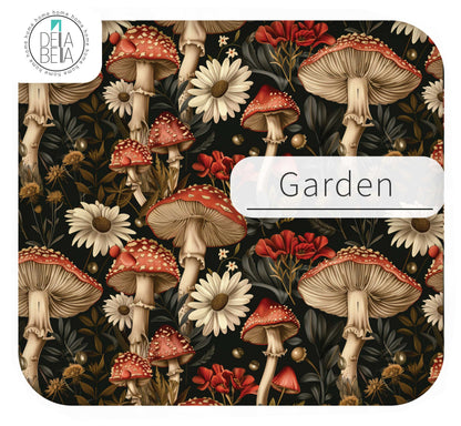 Close up of the Garden mushroom pattern vinyl wrap showcasing red toadstools, large white daisies, bold red flowers, and botanical leaves on a dark aesthetic background.