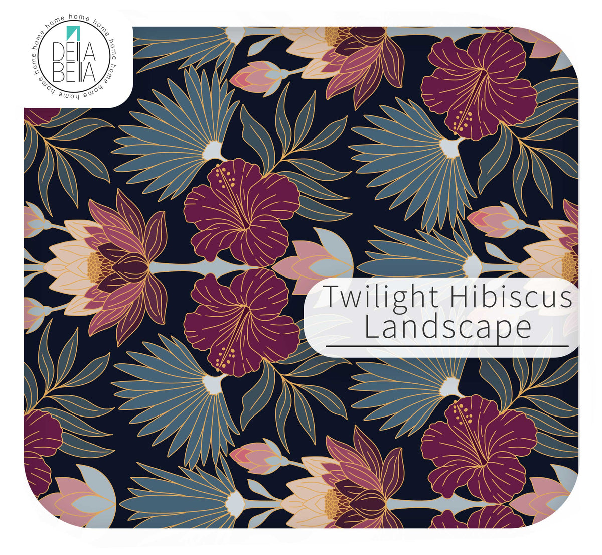 A vinyl wrap  floral pattern labeled 'Twilight Hibiscus Landscape' on a rounded square card or print. The design shows large twilight-toned hibiscus flowers and fan-like leaves on a dark navy background, with a Dela Bella logo in the top-left corner.