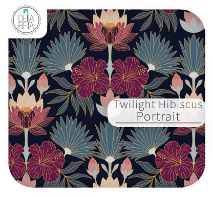 A vinyl wrap  design preview with rounded corners, featuring a repeating floral pattern labeled 'Twilight Hibiscus Portrait.' The design shows large magenta-purple hibiscus flowers, muted blue-green palm-like leaves, and pale blush buds on a very dark navy background.