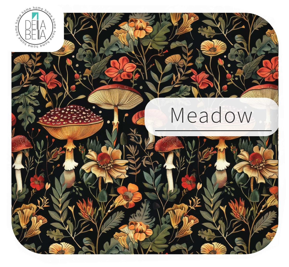  Close up of the Meadow mushroom pattern IKEA Trofast sticker featuring warm orange and red mushrooms, yellow meadow flowers, and green leaves on a dark background.
