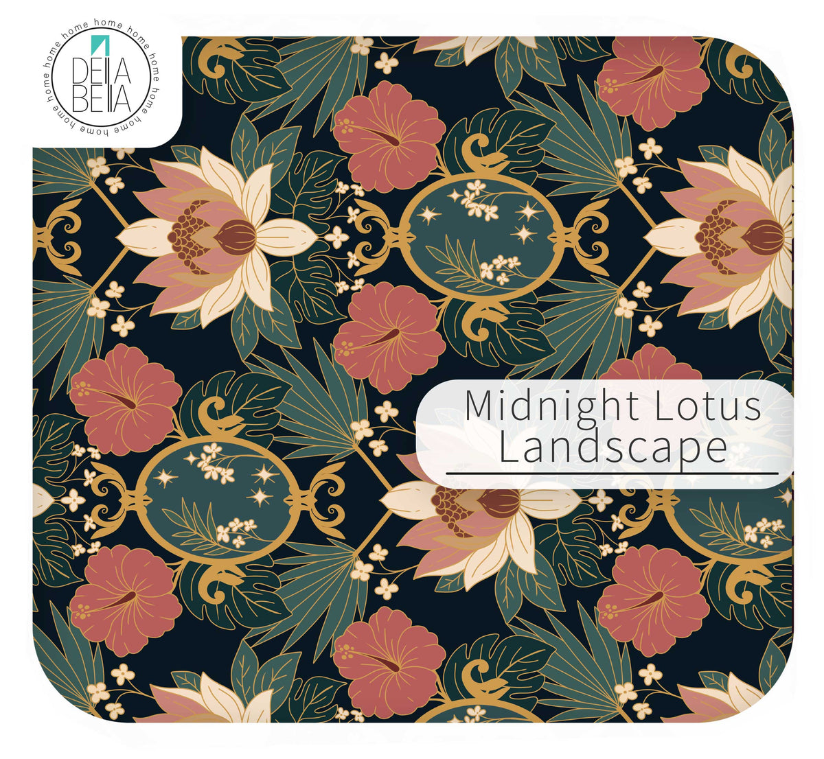 A vinyl wrap  sample with rounded corners, featuring a repeating botanical pattern labeled 'Midnight Lotus Landscape.' The design shows large pink and cream lotus flowers, teal and cream leaves, and gold oval medallions on a very dark navy background.