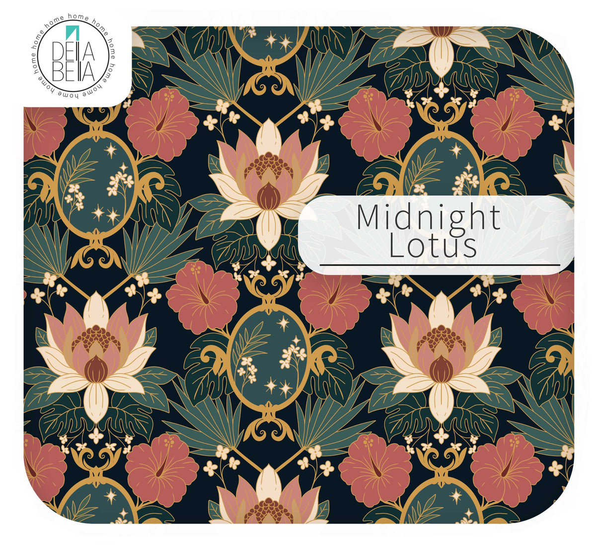Close up of the Midnight Lotus maximalist vinyl wrap pattern showing pink lotus flowers, red hibiscus, and gold filigree on a dark navy aesthetic background.
