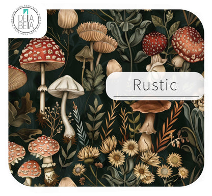 Close up of the Rustic mushroom pattern vinyl sticker displaying earthy brown mushrooms, red toadstools, and golden autumn foliage on a dark background.