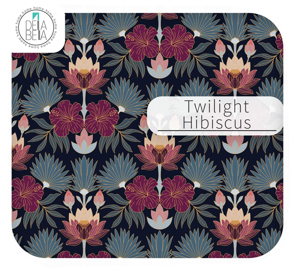 Close up of the Twilight Hibiscus IKEA Trofast sticker pattern featuring deep magenta hibiscus flowers and light blue Art Deco fan leaves on a dark navy background.