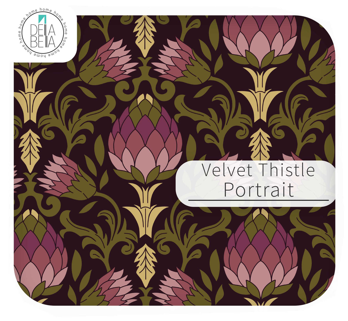 A square vinyl wrap  sample with rounded corners, featuring a repeating symmetrical floral pattern labeled 'Velvet Thistle Portrait.' The design shows large thistle-like flowers in pink, mauve, and olive green on a very dark brown background.