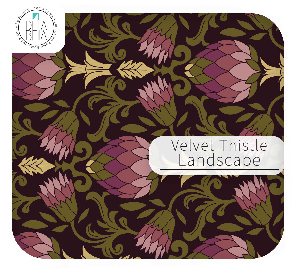 A vinyl wrap  sample with rounded corners, featuring a repeating botanical pattern labeled 'Velvet Thistle Landscape.' The design shows pink-purple thistle-like flowers with olive green and mustard yellow leaves on a very dark brown background.