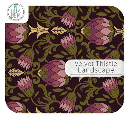 A vinyl wrap  sample with rounded corners, featuring a repeating botanical pattern labeled 'Velvet Thistle Landscape.' The design shows pink-purple thistle-like flowers with olive green and mustard yellow leaves on a very dark brown background.