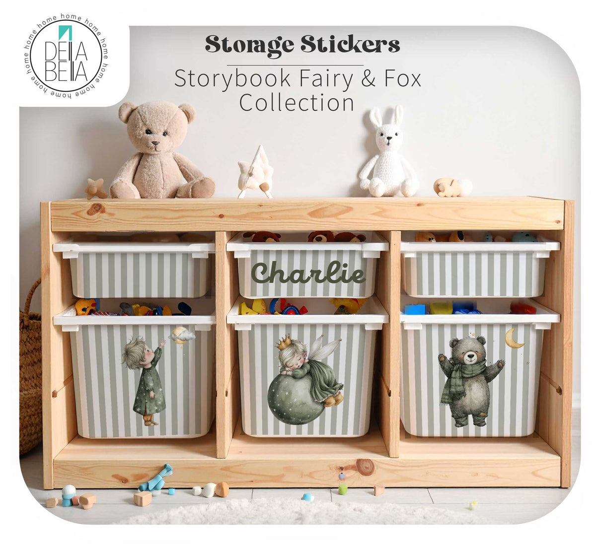 custom name ikea trofast sticker Olive green striped toy storage decals featuring a vintage storybook fairy, child, and bear, compatible with wooden IKEA Trofast units.