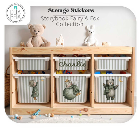 custom name ikea trofast sticker Olive green striped toy storage decals featuring a vintage storybook fairy, child, and bear, compatible with wooden IKEA Trofast units.