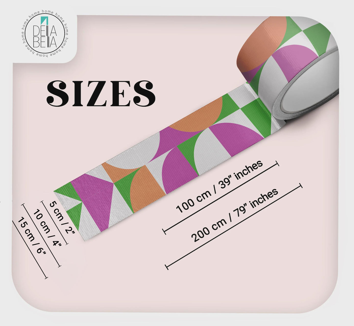 Colorful geometric-patterned vinyl door edge on a pink background with size measurements.