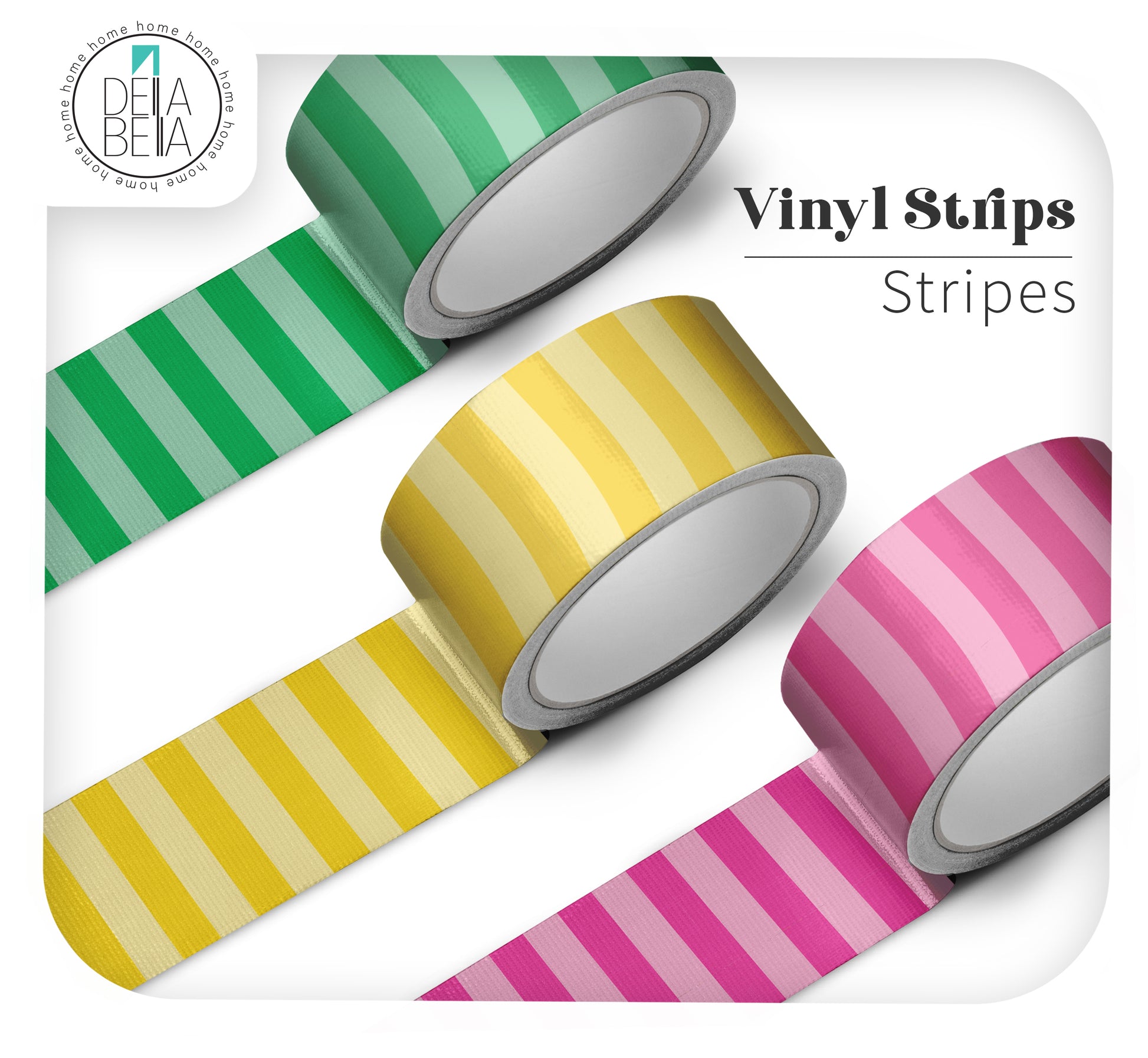 Three rolls of Stripes vinyl wall borders in Sage Green, Mustard Yellow, and Candy Pink. Self-adhesive, waterproof stripes perfect for bathroom borders and playful door edges