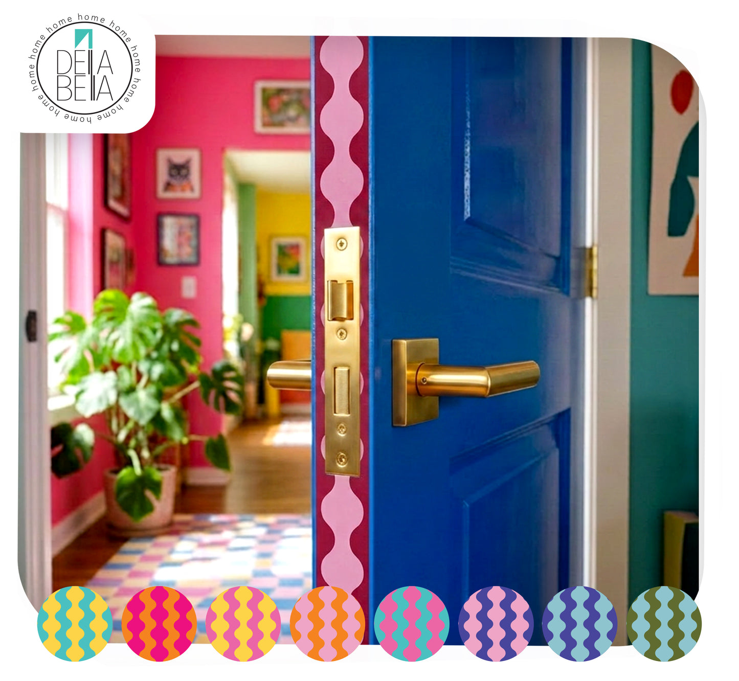 Close-up of a bright blue door featuring a pink and red wavy peel and stick vinyl door edge strip. The perfectly centered 5cm wavy wall border adds a hidden pop of colour to a maximalist dopamine decor home.