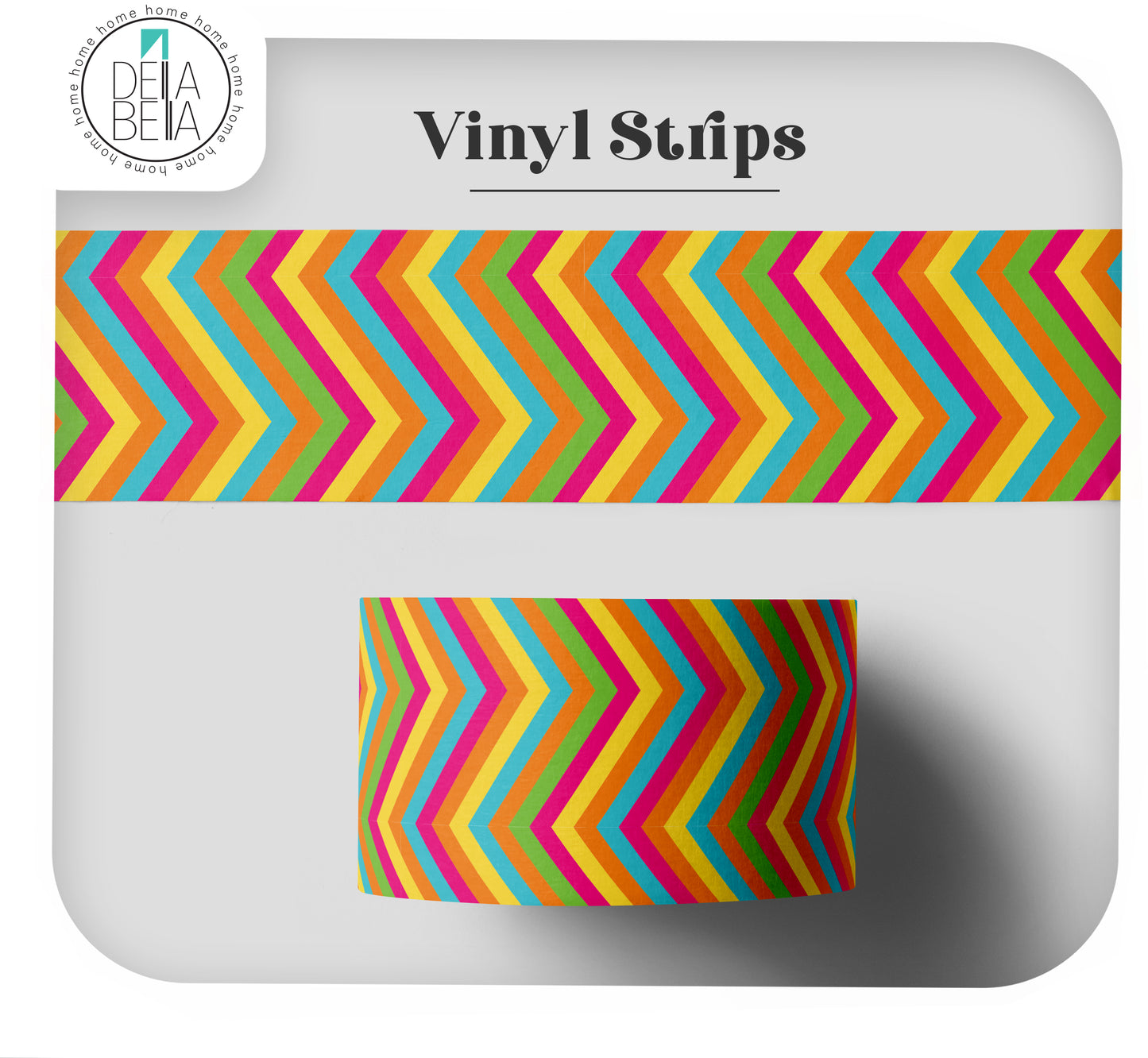 Colorful chevron-patterned vinyl strips on a white background with 'Delabeta' branding.