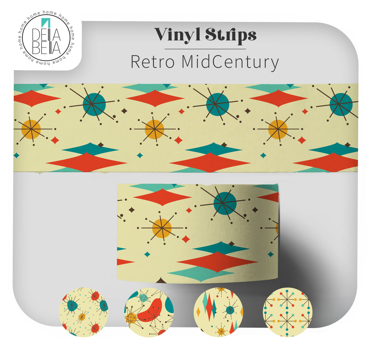 A door edge strip vinyl trim  'Vinyl Strips Retro MidCentury' by Debra Beata, showing a roll of patterned vinyl strips with a retro mid-century modern design on a light gray background. The pattern features retro starbursts, diamonds, and dots in teal, red, orange, and black on a cream base.