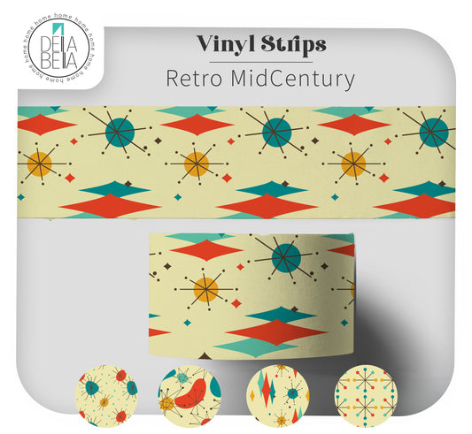A door edge strip vinyl trim  'Vinyl Strips Retro MidCentury' by Debra Beata, showing a roll of patterned vinyl strips with a retro mid-century modern design on a light gray background. The pattern features retro starbursts, diamonds, and dots in teal, red, orange, and black on a cream base.