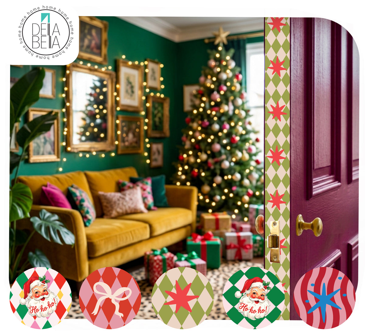  Dark purple door edge featuring a red and pink wavy retro star vinyl strip applied to the latch side, revealing a moody green living room with a Christmas tree.