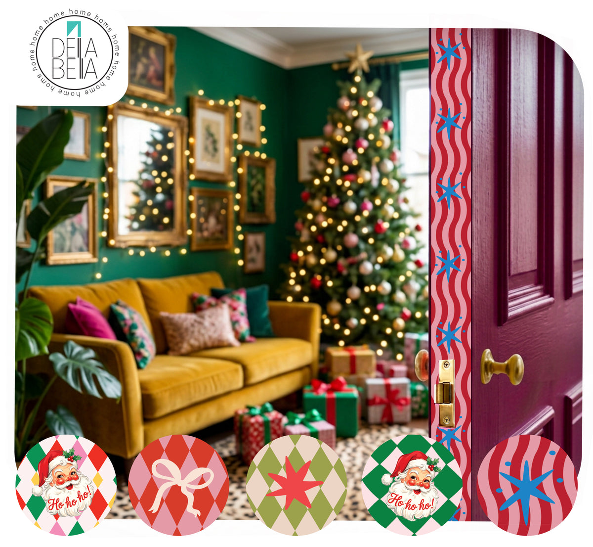 Dark purple door edge featuring a red and pink wavy retro star vinyl strip applied to the latch side, revealing a moody green living room with a Christmas tree.