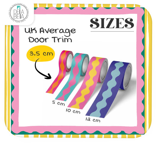 Della Bella decorative wavy tape size guide showing four colorful rolls in widths of 3.5cm (UK average door trim), 5cm, 10cm, and 12cm