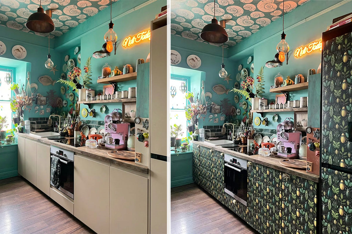 Two views of a kitchen with teal walls, patterned peel and stick vinyl wrap for furniture, and various decor elements.