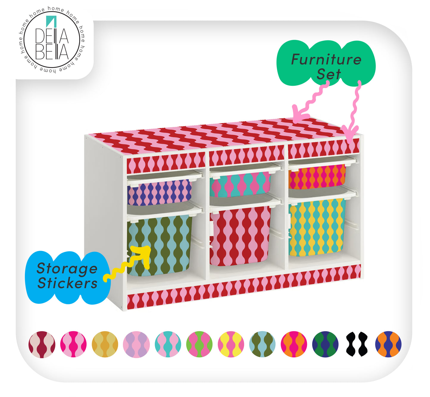 Diagram showing the set of 5 furniture stickers for the IKEA Trofast, including one top sticker and four front sticker strips.