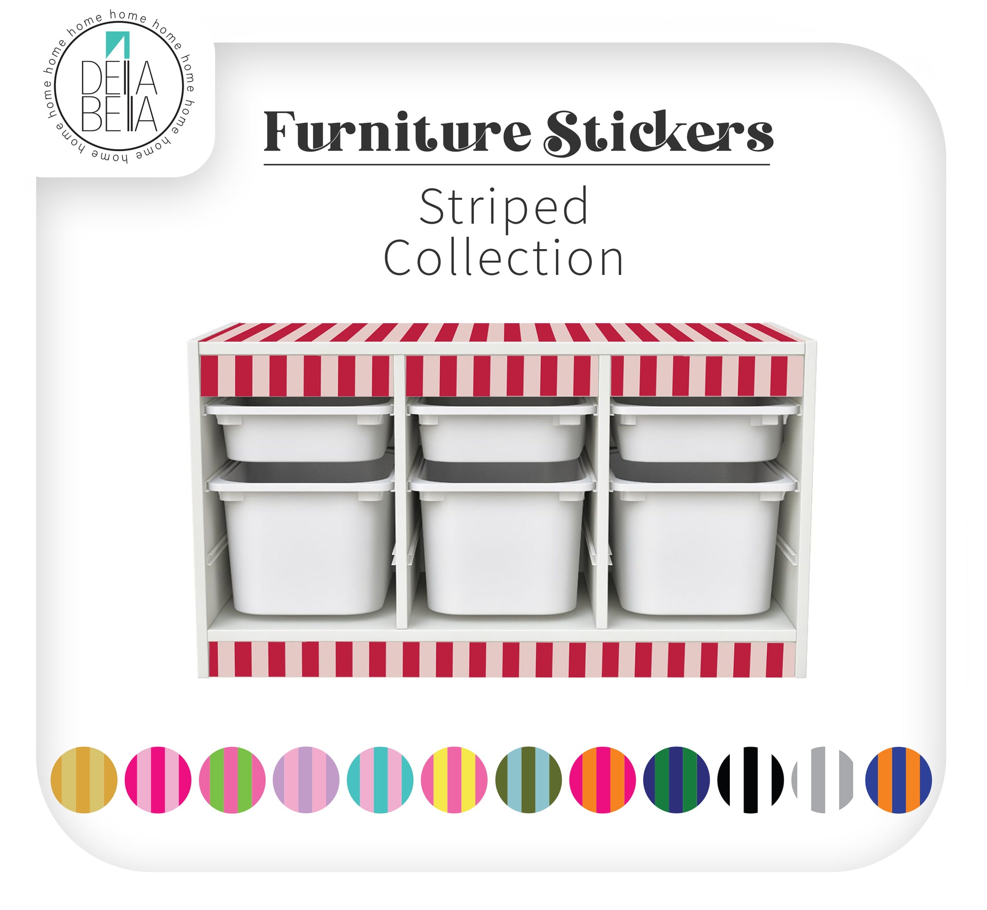 IKEA Trofast storage unit customised with classic red and cream striped vinyl stickers on the top and front panels, creating a timeless circus-themed IKEA hack.