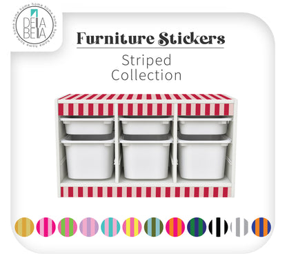 IKEA Trofast storage unit customised with classic red and cream striped vinyl stickers on the top and front panels, creating a timeless circus-themed IKEA hack.