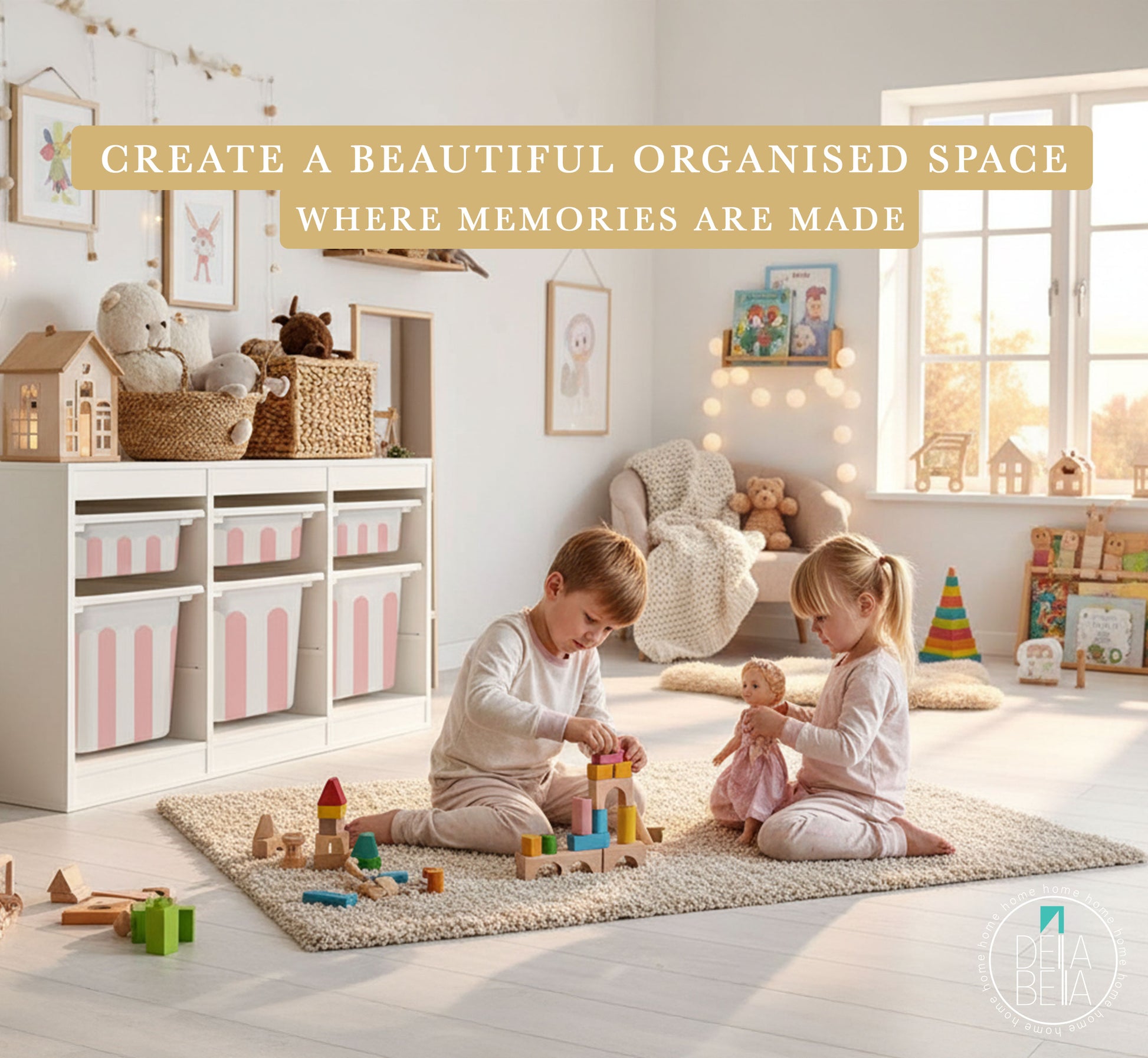 Children playing in a bright, organized playroom with toys and trofast stickers furniture.