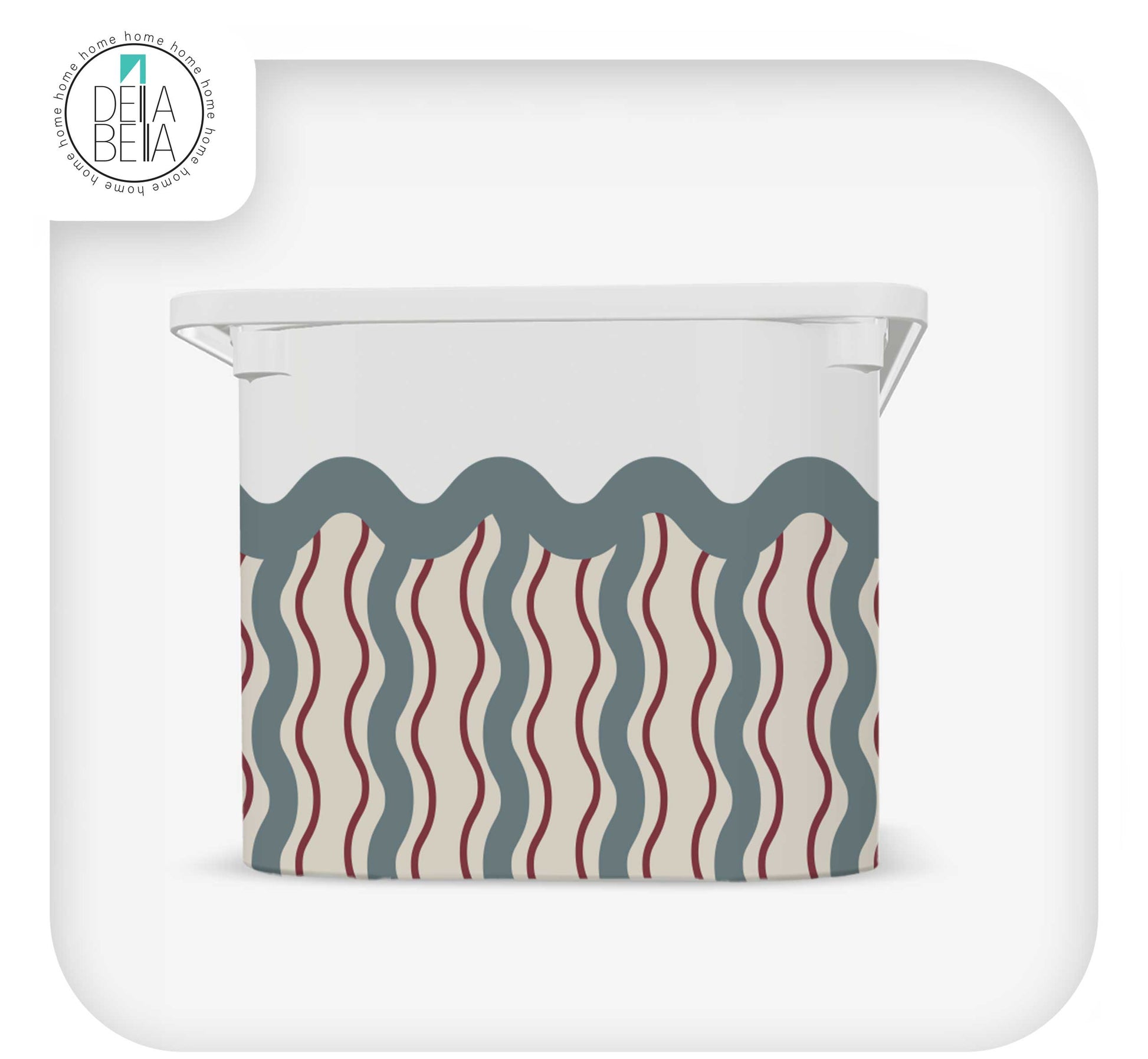 Close up of Della Bella white vinyl sticker for IKEA Trofast bin, showing vintage circus tent pattern with red and blue waves."