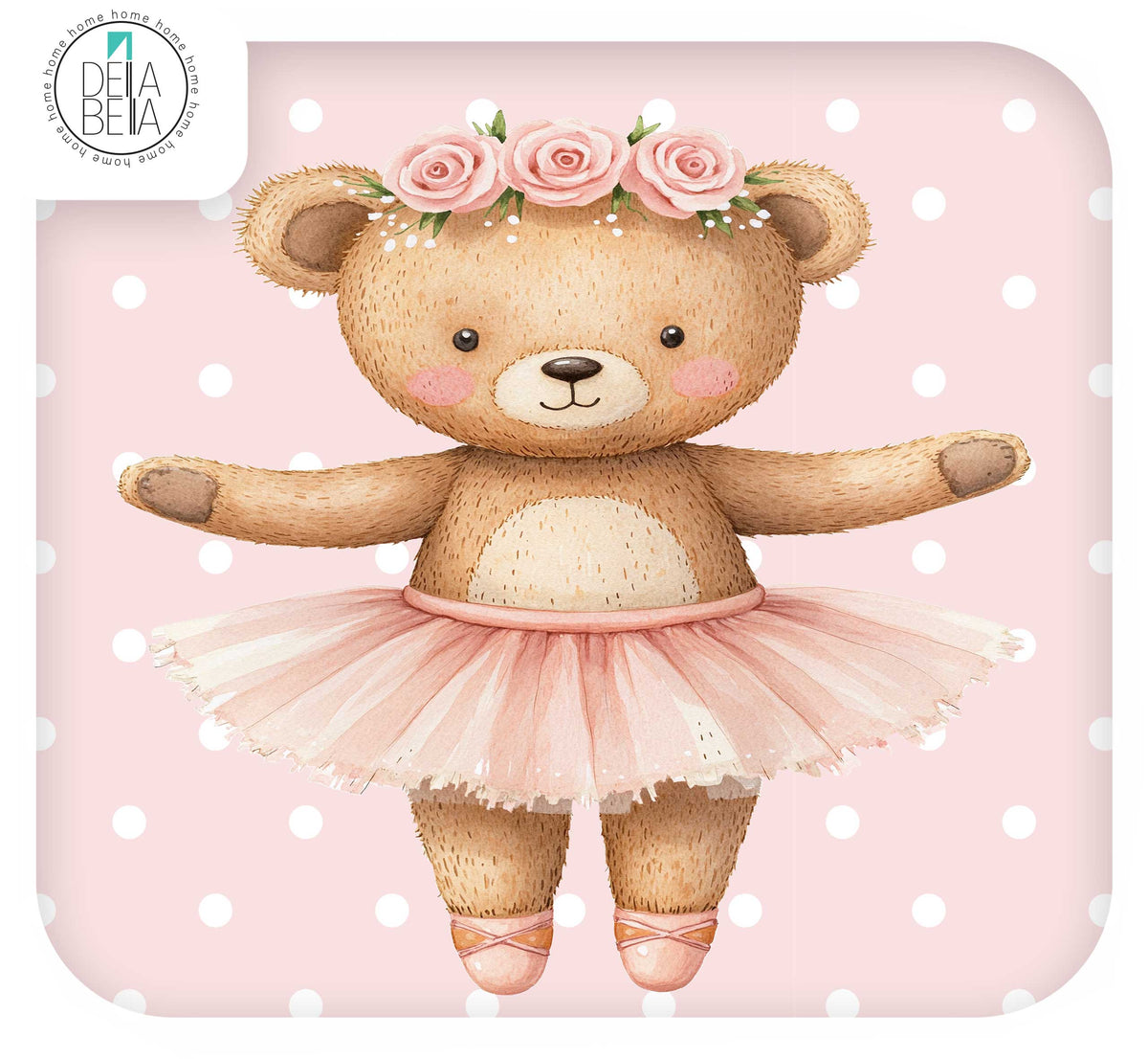 A teddy bear illustration wearing a pink flower crown, pink tutu, and pink ballet shoes on a light pink polka-dot background. A Dela Bella logo appears in the top-left corner.