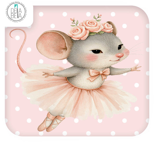 polka dots stickers featuring a cute illustrated gray mouse ballerina in a pink tutu with a flower crown, on a pink polka-dot background. A circular 'DELLA BELLA' brand mark appears in the top-left corner.