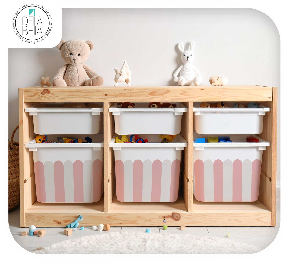 Scallop Edge Storage Box Stickers (Fits IKEA® Trofast) | Nursery Decals - Set of 6 Vinyl Decals for Nursery Storage Bins - Blush, Teal & Camel - IKEA Hack UK