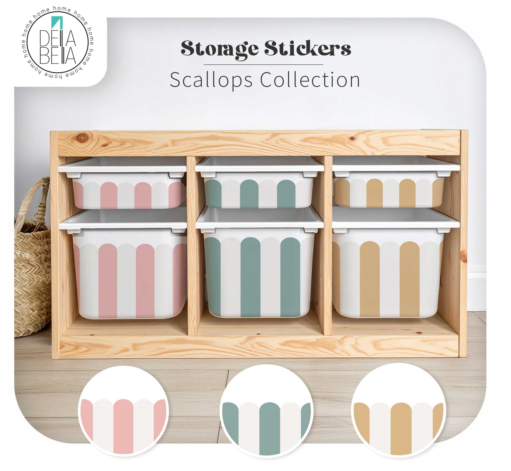 Storage bins with scalloped edges in a wooden organizer, featuring the Delia Bella brand.