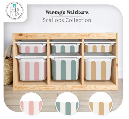 Storage bins with scalloped edges in a wooden organizer, featuring the Delia Bella brand.