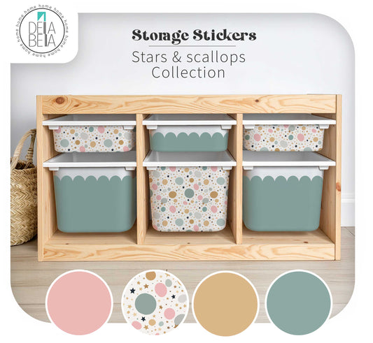 Close-up view of four IKEA Trofast compatible storage bins with sticker designs: 'Stars & Dots' pattern, 'Blush Scallops' pink, 'Teal Scallops' green, and 'Camel Scallops' tan. Shows detailed sticker designs and colours.