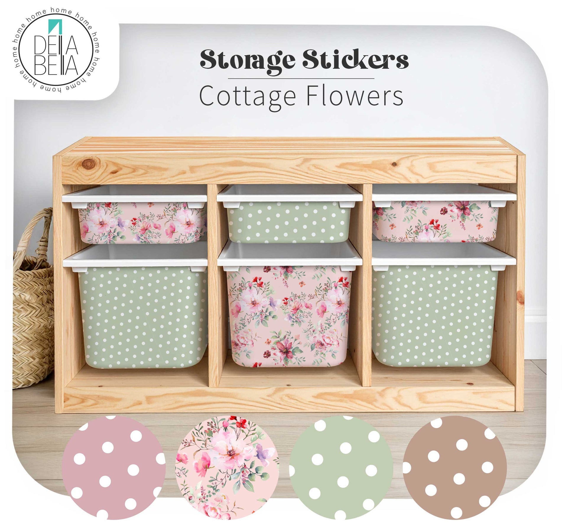 Wooden storage unit with floral and polka dot patterned bins, featuring Delia Bella branding.