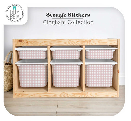 Wooden storage unit with pink gingham-patterned bins and 'Dela Bella' branding.