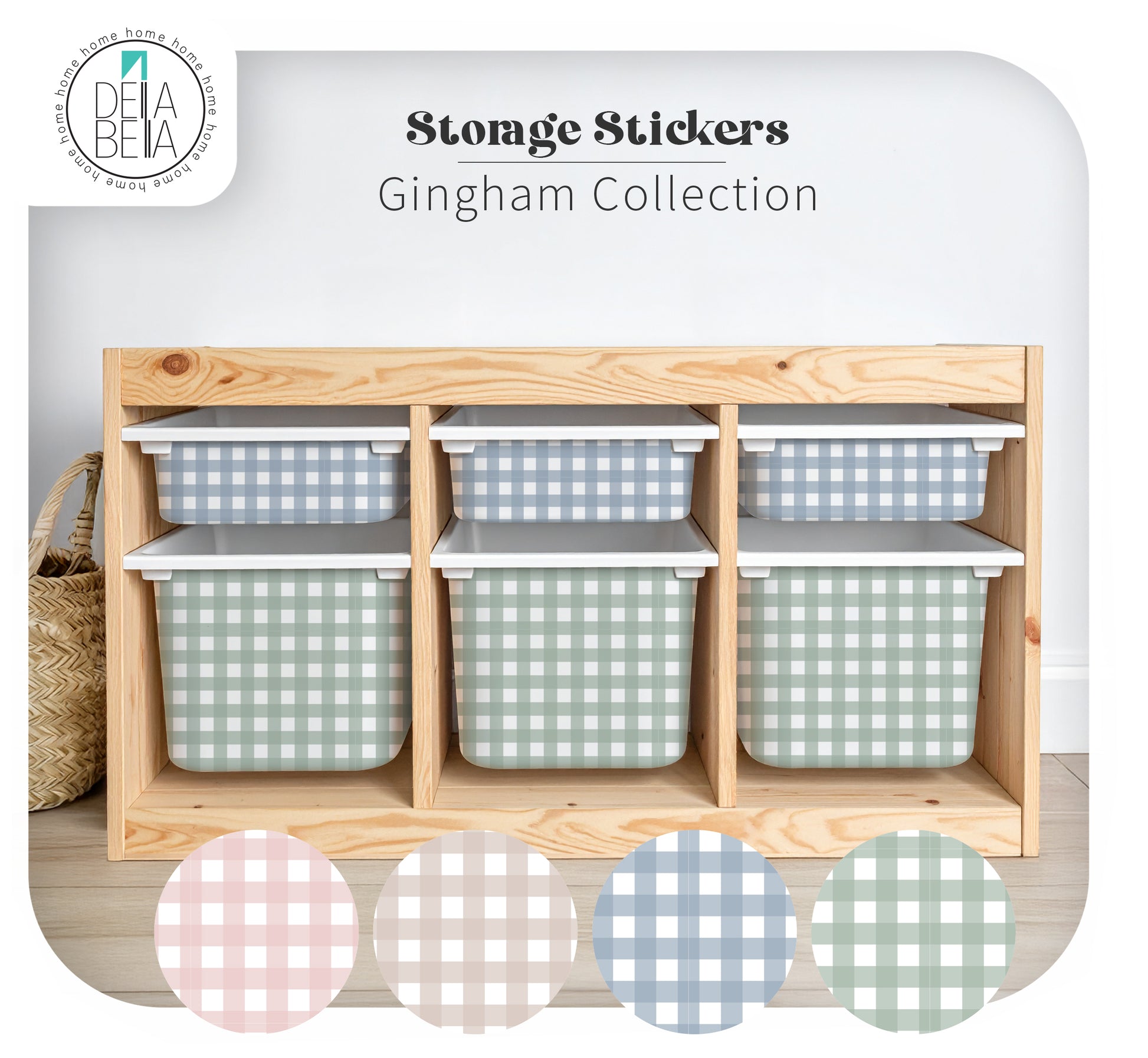 Storage bins with gingham pattern on a wooden shelf, featuring the Dela Bella brand.