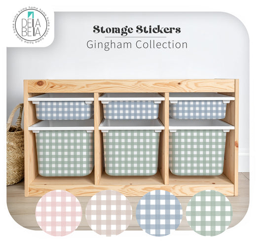 Storage bins with gingham pattern on a wooden shelf, featuring the Dela Bella brand.