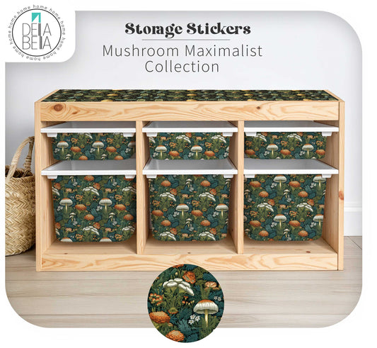 IKEA Trofast storage unit transformed with a maximalist mushroom sticker wrap, creating a whimsical cottagecore or woodland-themed IKEA hack for a child's playroom